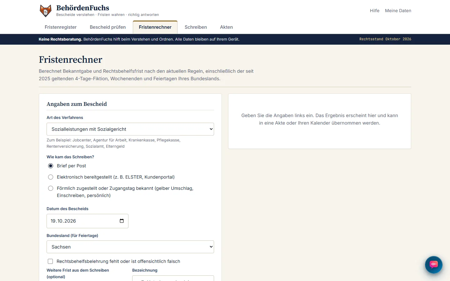 Fristenrechner mit Bekanntgabe-Fiktion