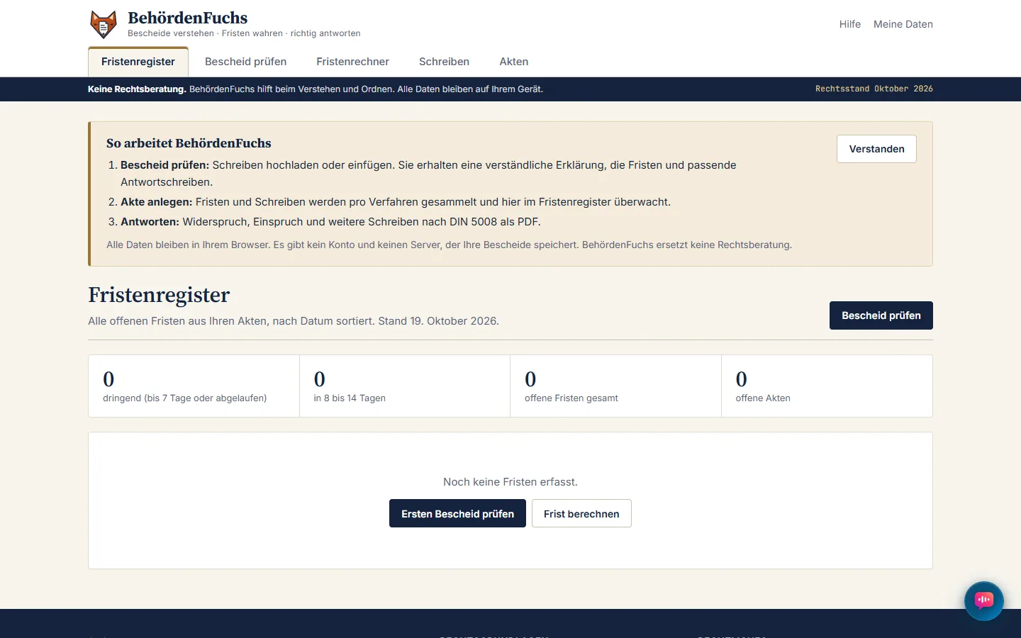 Fristenregister mit offenen Fristen