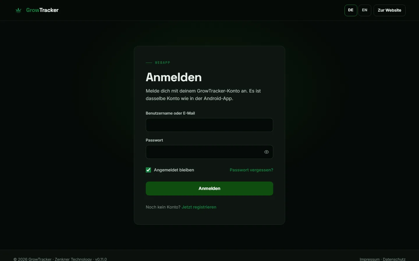 GrowTracker Webapp mit demselben Konto wie die App