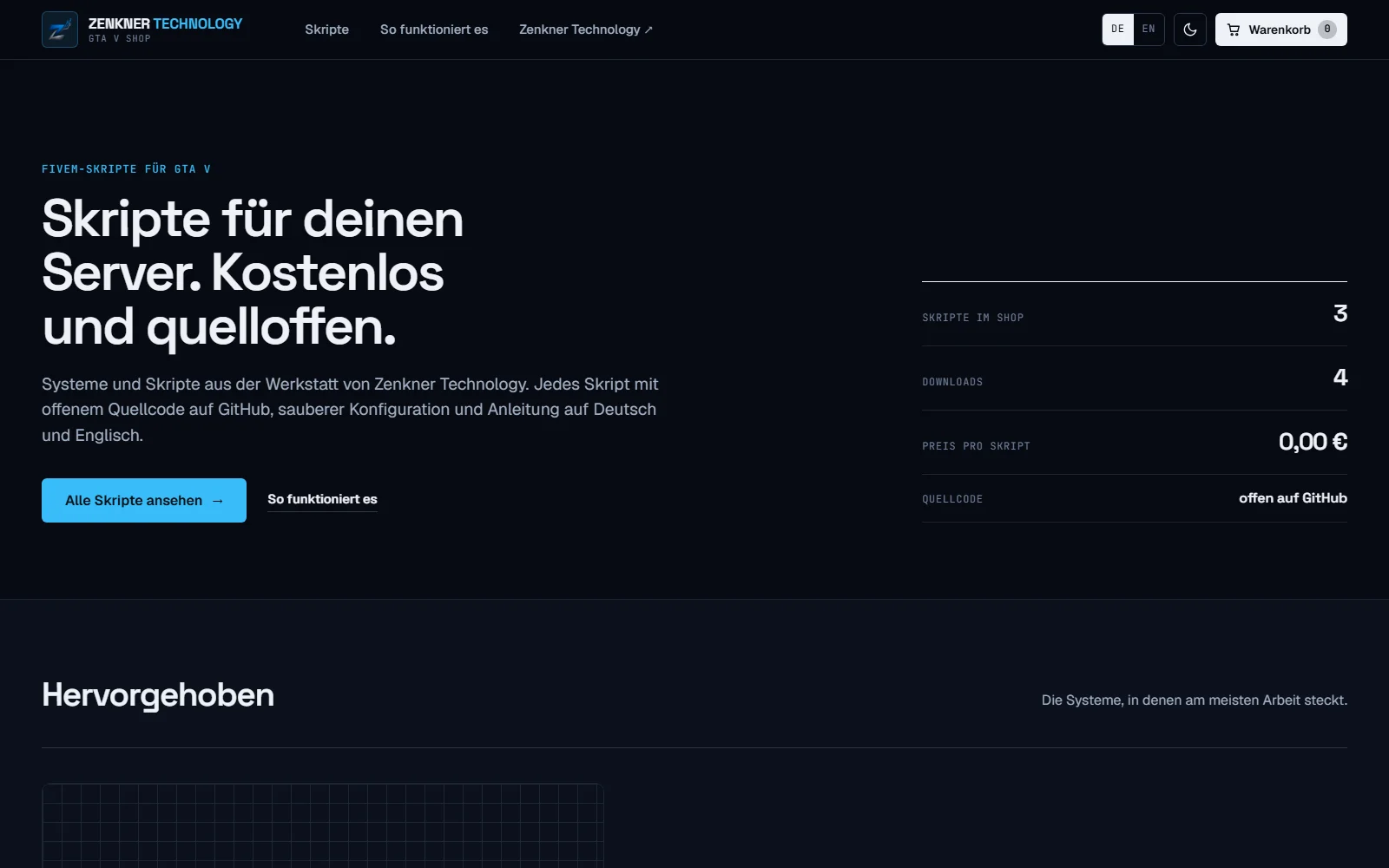 Startseite des GTA V Shops mit Kennzahlen und hervorgehobenem Skript