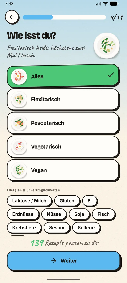 Auswahl von Ernährungsform und Allergien