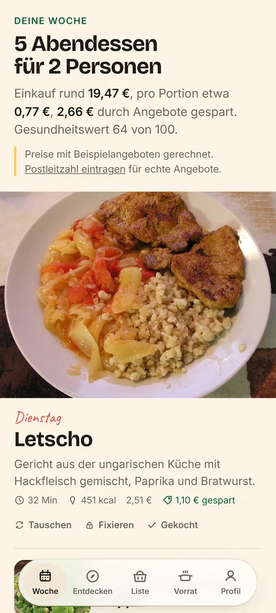 Web-App: Wochenplan mit Einkaufssumme und Rezeptfoto