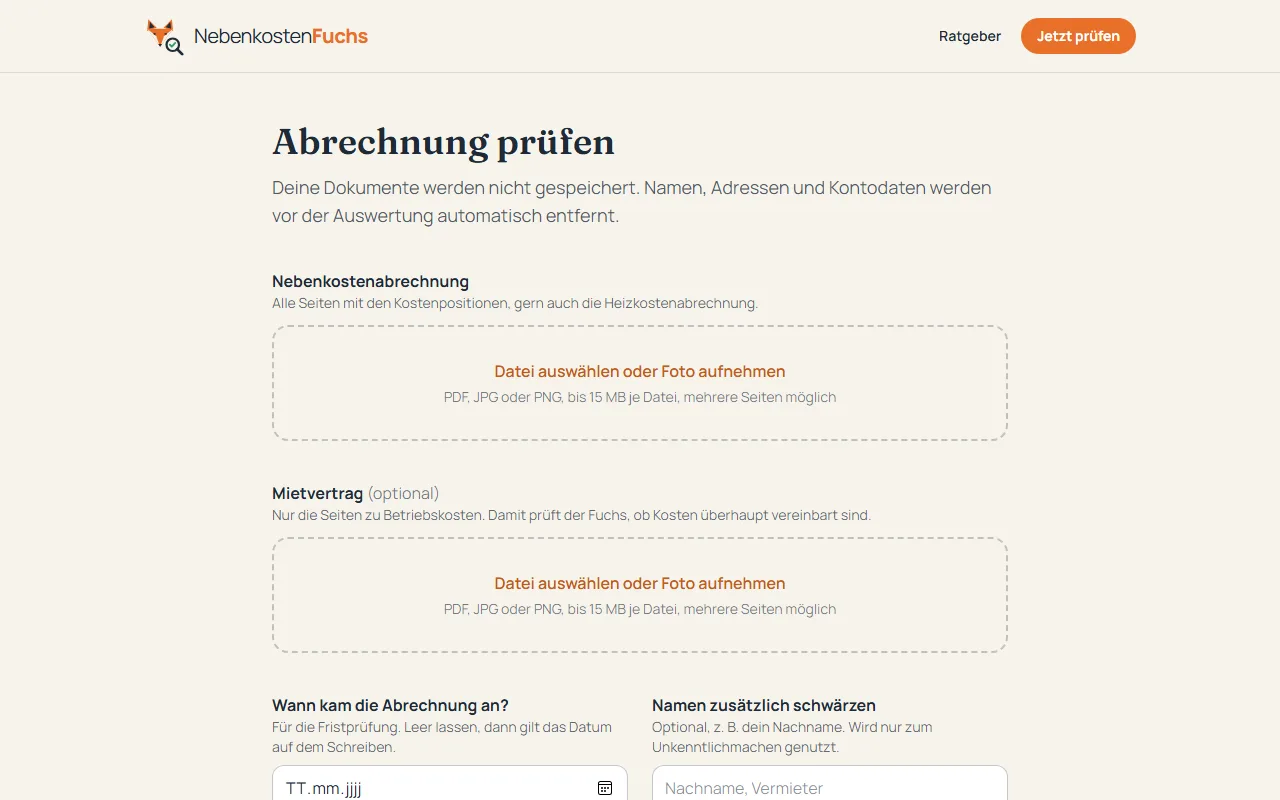 Upload der Nebenkostenabrechnung
