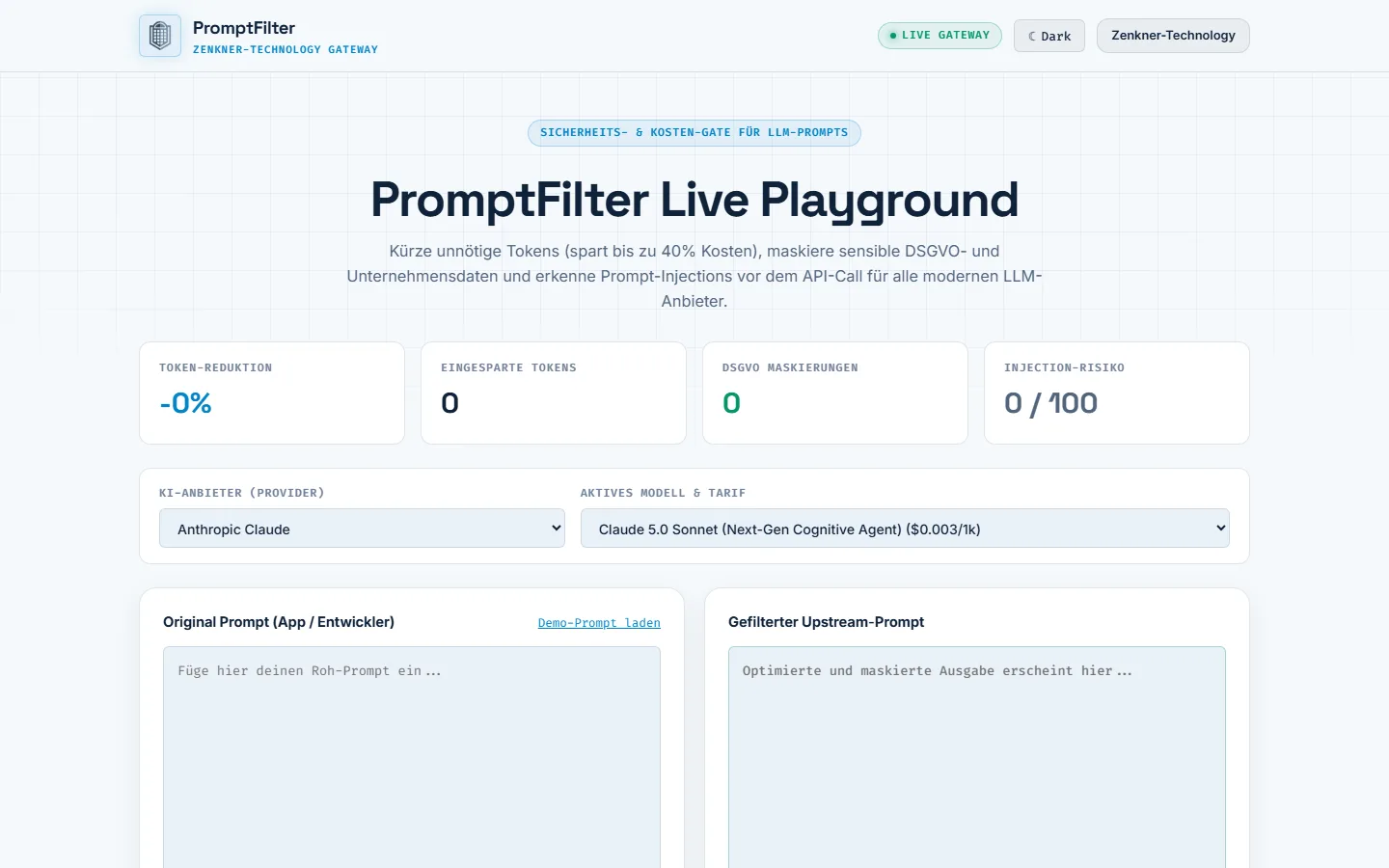 Live Playground mit Anbieter- und Modellwahl