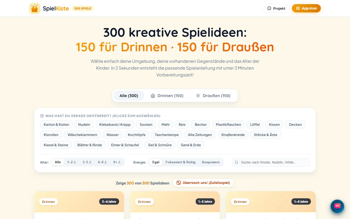 Spielideen nach Umgebung, Gegenständen und Alter filtern