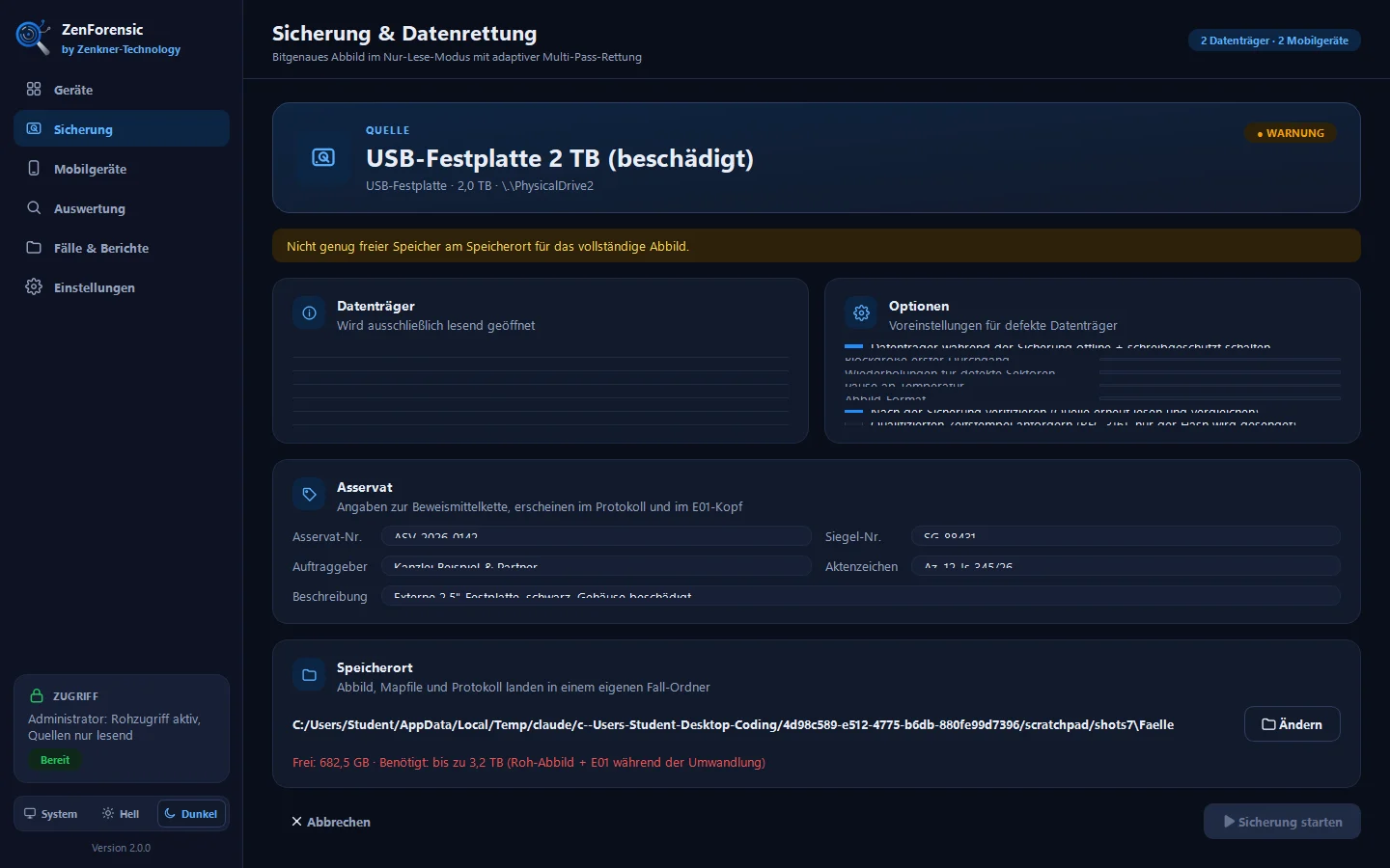 Sicherung einrichten: E01, Verifikation, Zeitstempel und Asservat-Angaben
